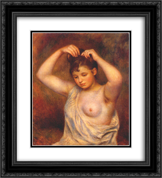 Woman Combing Her Hair 20x22 Black Ornate Wood Framed Art Print Poster with Double Matting by Renoir, Pierre Auguste