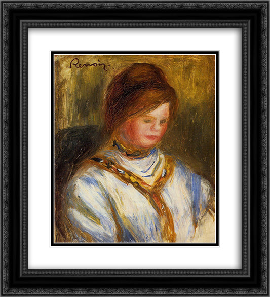 Woman in a Blue Blouse 20x22 Black Ornate Wood Framed Art Print Poster with Double Matting by Renoir, Pierre Auguste