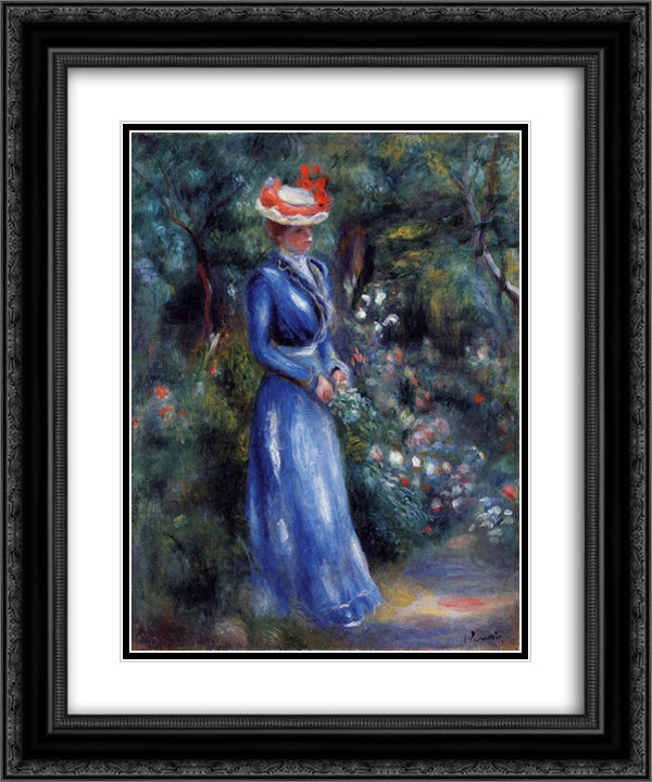 Woman in a Blue Dress, Standing in the Garden of Saint Cloud 20x24 Black Ornate Wood Framed Art Print Poster with Double Matting by Renoir, Pierre Auguste