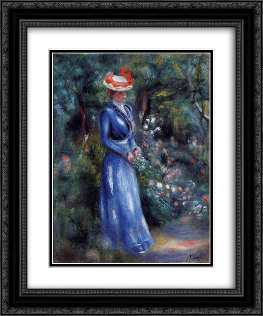 Woman in a Blue Dress, Standing in the Garden of Saint Cloud 20x24 Black Ornate Wood Framed Art Print Poster with Double Matting by Renoir, Pierre Auguste