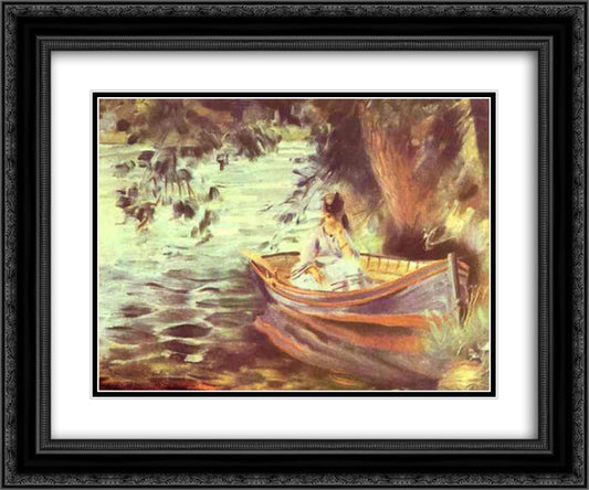 Woman in a Boat 24x20 Black Ornate Wood Framed Art Print Poster with Double Matting by Renoir, Pierre Auguste