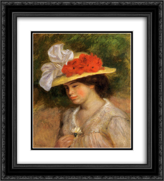 Woman in a Flowered Hat 20x22 Black Ornate Wood Framed Art Print Poster with Double Matting by Renoir, Pierre Auguste