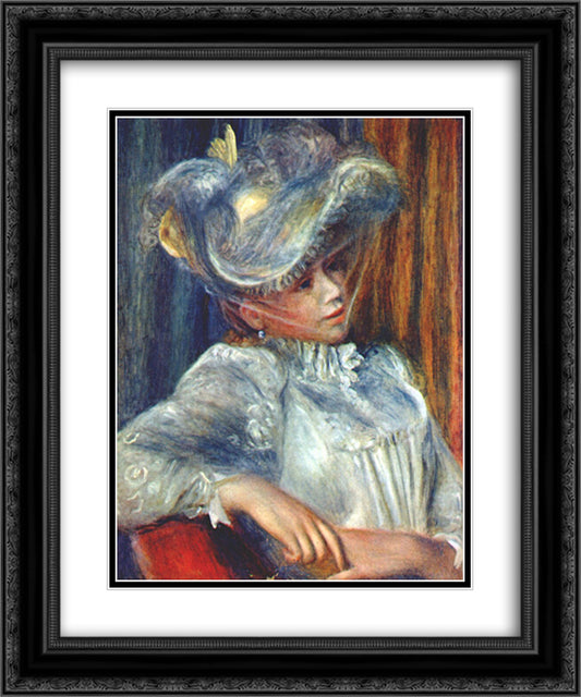 Woman in a hat 20x24 Black Ornate Wood Framed Art Print Poster with Double Matting by Renoir, Pierre Auguste