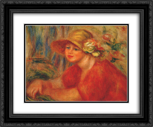 Woman in a hat with flowers 24x20 Black Ornate Wood Framed Art Print Poster with Double Matting by Renoir, Pierre Auguste