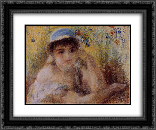 Woman in a Straw Hat 24x20 Black Ornate Wood Framed Art Print Poster with Double Matting by Renoir, Pierre Auguste
