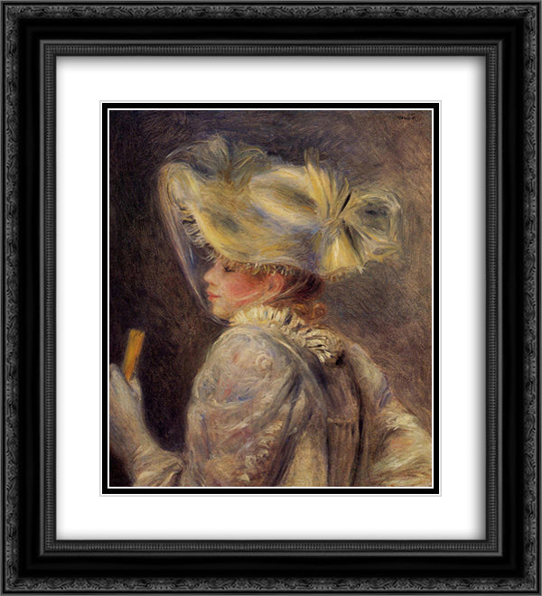 Woman in a White Hat 20x22 Black Ornate Wood Framed Art Print Poster with Double Matting by Renoir, Pierre Auguste