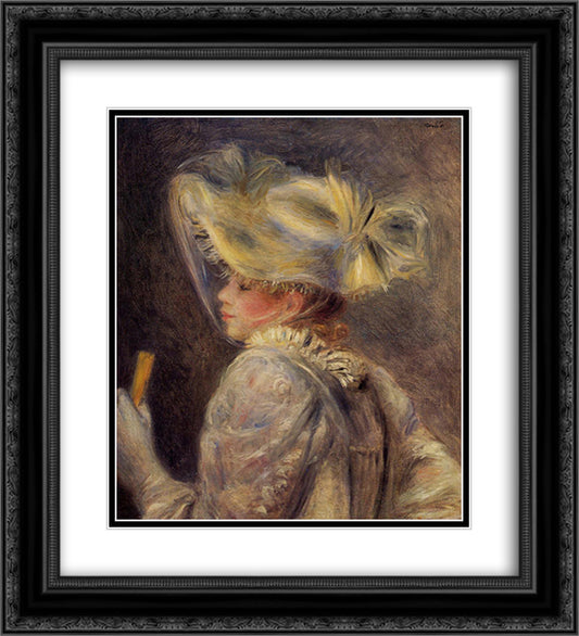 Woman in a White Hat 20x22 Black Ornate Wood Framed Art Print Poster with Double Matting by Renoir, Pierre Auguste