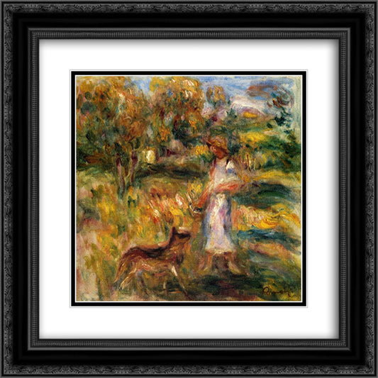Woman in Blue and Zaza in a Landscape 20x20 Black Ornate Wood Framed Art Print Poster with Double Matting by Renoir, Pierre Auguste