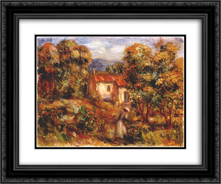 Woman picking flowers 24x20 Black Ornate Wood Framed Art Print Poster with Double Matting by Renoir, Pierre Auguste