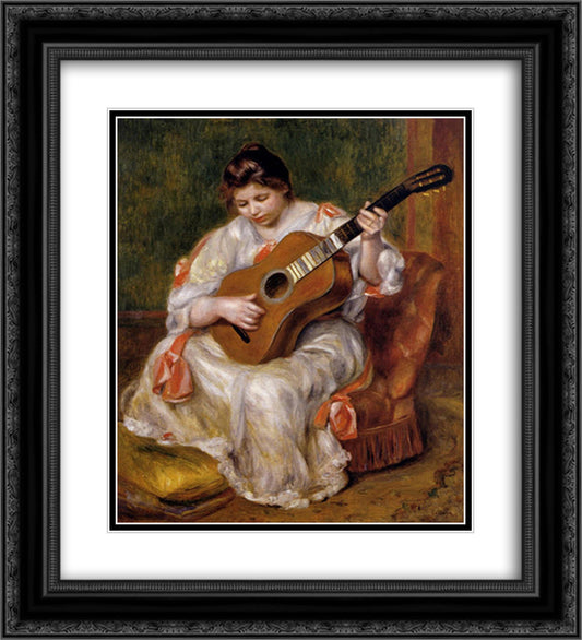Woman Playing the Guitar 20x22 Black Ornate Wood Framed Art Print Poster with Double Matting by Renoir, Pierre Auguste