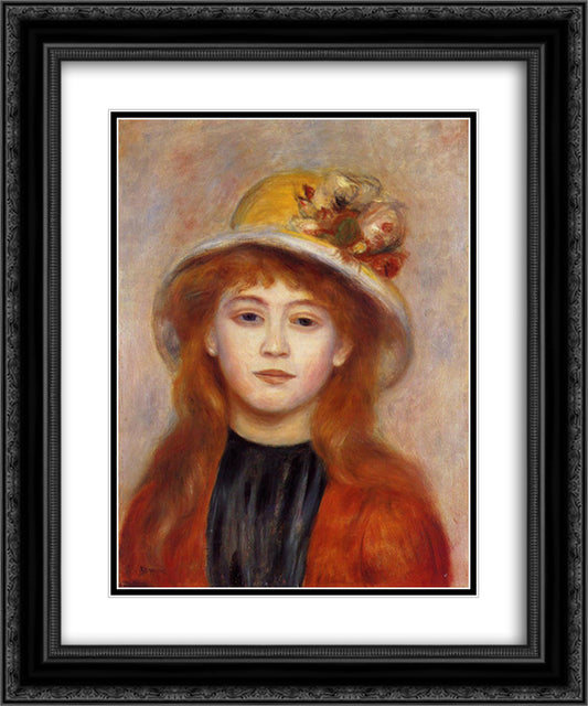 Woman Wearing a Hat 20x24 Black Ornate Wood Framed Art Print Poster with Double Matting by Renoir, Pierre Auguste