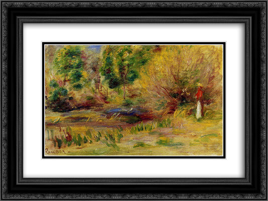 Woman Wearing a Hat in a Landscape 24x18 Black Ornate Wood Framed Art Print Poster with Double Matting by Renoir, Pierre Auguste