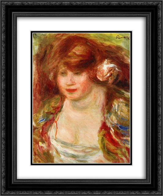 Woman Wearing a Rose Andree 20x24 Black Ornate Wood Framed Art Print Poster with Double Matting by Renoir, Pierre Auguste