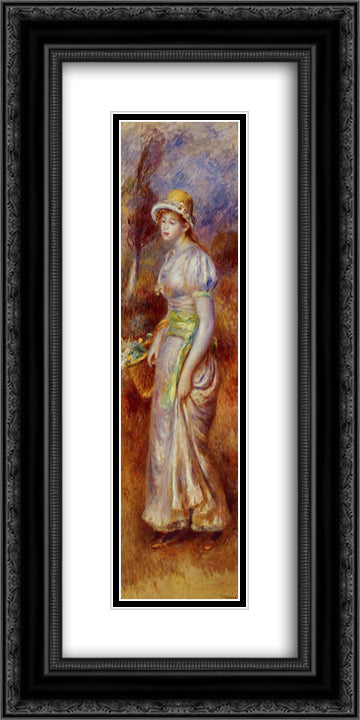 Woman with a Basket of Flowers 12x24 Black Ornate Wood Framed Art Print Poster with Double Matting by Renoir, Pierre Auguste