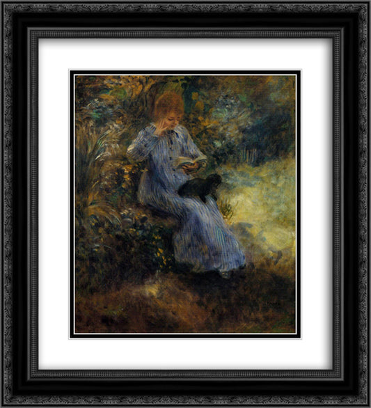 Woman with a Black Dog 20x22 Black Ornate Wood Framed Art Print Poster with Double Matting by Renoir, Pierre Auguste