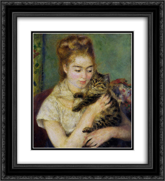 Woman with a Cat 20x22 Black Ornate Wood Framed Art Print Poster with Double Matting by Renoir, Pierre Auguste