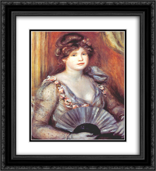 Woman with a Fan 20x22 Black Ornate Wood Framed Art Print Poster with Double Matting by Renoir, Pierre Auguste