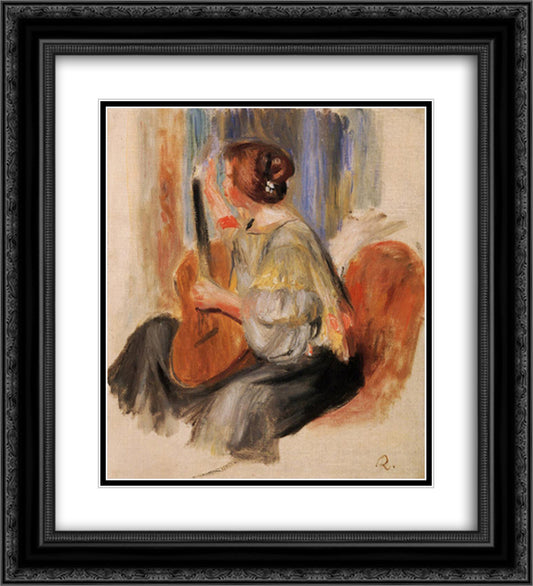 Woman with Guitar 20x22 Black Ornate Wood Framed Art Print Poster with Double Matting by Renoir, Pierre Auguste