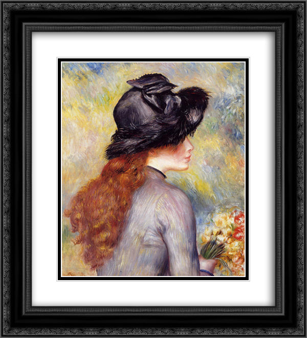 Young Girl Holding at Bouquet of Tulips 20x22 Black Ornate Wood Framed Art Print Poster with Double Matting by Renoir, Pierre Auguste