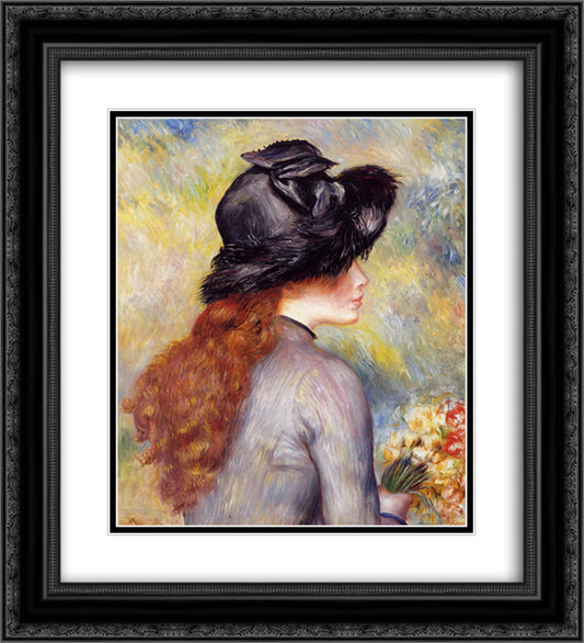 Young Girl Holding at Bouquet of Tulips 20x22 Black Ornate Wood Framed Art Print Poster with Double Matting by Renoir, Pierre Auguste