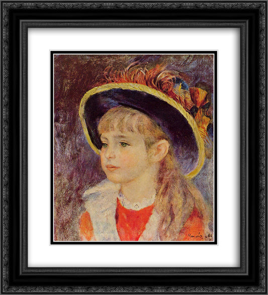 Young Girl in a Blue Hat 20x22 Black Ornate Wood Framed Art Print Poster with Double Matting by Renoir, Pierre Auguste