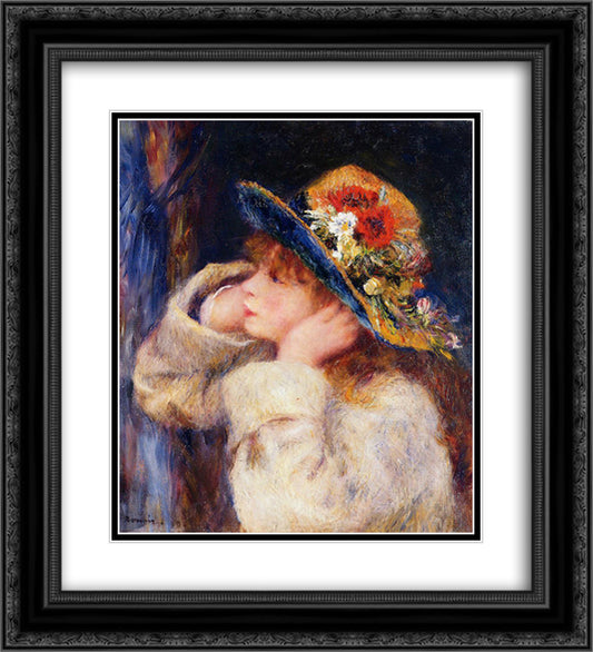Young Girl in a Hat Decorated with Wildflowers 20x22 Black Ornate Wood Framed Art Print Poster with Double Matting by Renoir, Pierre Auguste