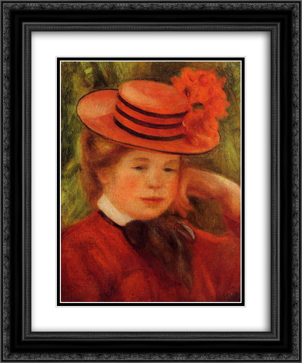 Young Girl in a Red Hat 20x24 Black Ornate Wood Framed Art Print Poster with Double Matting by Renoir, Pierre Auguste