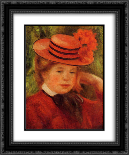 Young Girl in a Red Hat 20x24 Black Ornate Wood Framed Art Print Poster with Double Matting by Renoir, Pierre Auguste