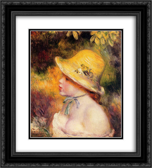 Young Girl in a Straw Hat 20x22 Black Ornate Wood Framed Art Print Poster with Double Matting by Renoir, Pierre Auguste