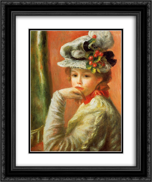 Young Girl in a White Hat 20x24 Black Ornate Wood Framed Art Print Poster with Double Matting by Renoir, Pierre Auguste