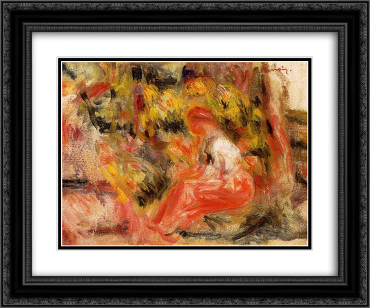 Young Girl Seated in a Garden 24x20 Black Ornate Wood Framed Art Print Poster with Double Matting by Renoir, Pierre Auguste
