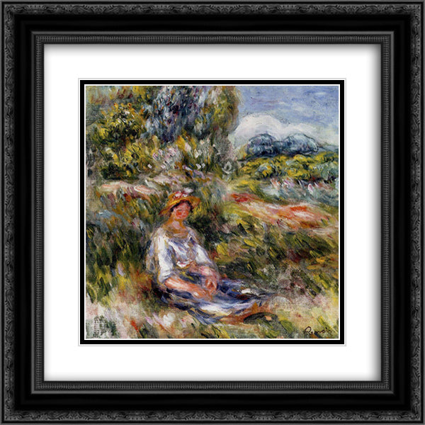 Young Girl Seated in a Meadow 20x20 Black Ornate Wood Framed Art Print Poster with Double Matting by Renoir, Pierre Auguste