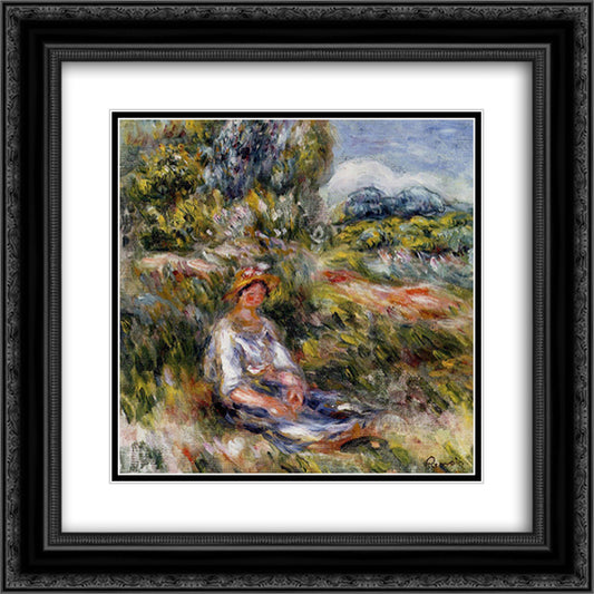Young Girl Seated in a Meadow 20x20 Black Ornate Wood Framed Art Print Poster with Double Matting by Renoir, Pierre Auguste