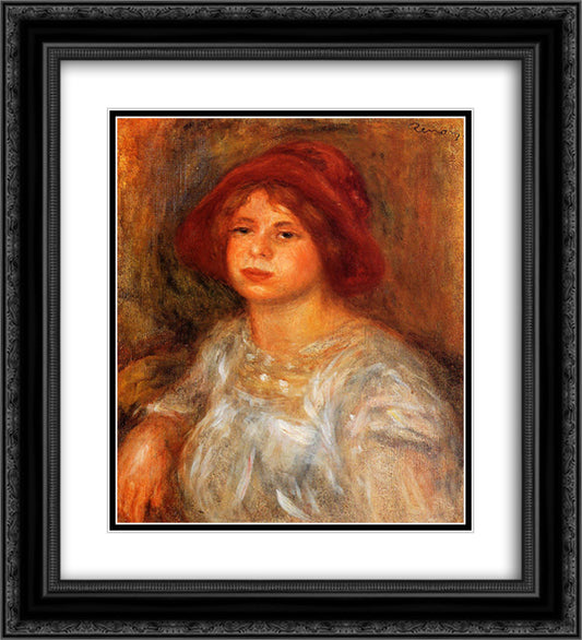 Young Girl Wearing a Red Hat 20x22 Black Ornate Wood Framed Art Print Poster with Double Matting by Renoir, Pierre Auguste
