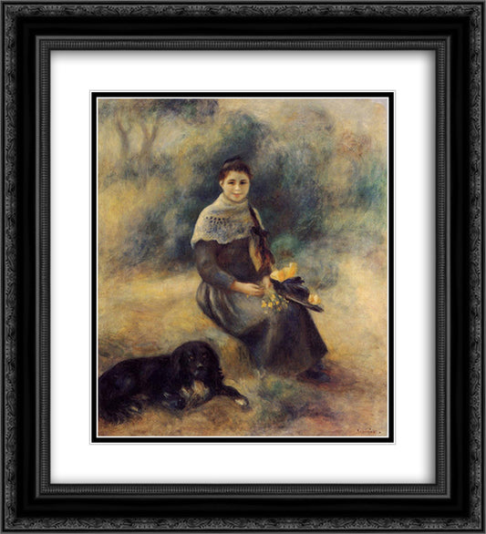 Young Girl with a Dog 20x22 Black Ornate Wood Framed Art Print Poster with Double Matting by Renoir, Pierre Auguste