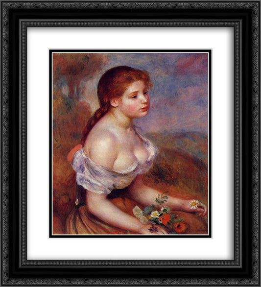 Young Girl with Daisies 20x22 Black Ornate Wood Framed Art Print Poster with Double Matting by Renoir, Pierre Auguste