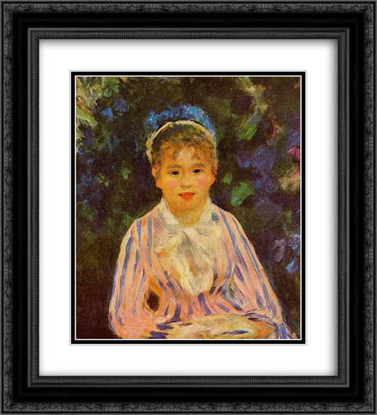 Young Woman in a Blue and Pink Striped Shirt 20x22 Black Ornate Wood Framed Art Print Poster with Double Matting by Renoir, Pierre Auguste