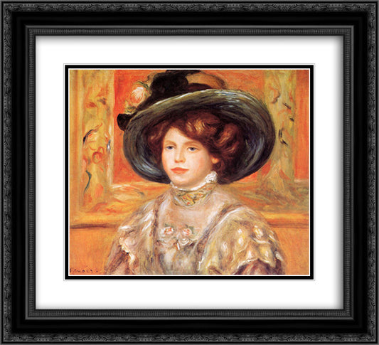 Young Woman in a Blue Hat 22x20 Black Ornate Wood Framed Art Print Poster with Double Matting by Renoir, Pierre Auguste