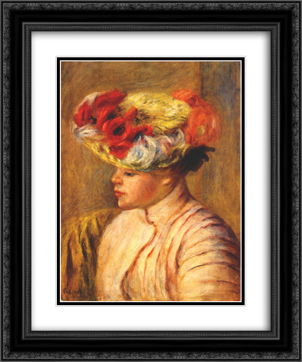 Young woman in a flowered hat 20x24 Black Ornate Wood Framed Art Print Poster with Double Matting by Renoir, Pierre Auguste