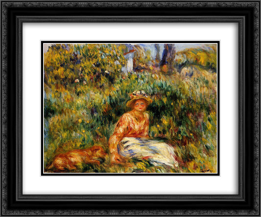 Young Woman in a Garden 24x20 Black Ornate Wood Framed Art Print Poster with Double Matting by Renoir, Pierre Auguste
