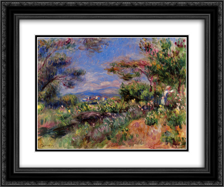 Young Woman in a Landscape, Cagnes 24x20 Black Ornate Wood Framed Art Print Poster with Double Matting by Renoir, Pierre Auguste