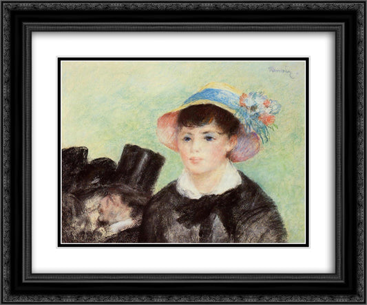 Young Woman in a Straw Hat 24x20 Black Ornate Wood Framed Art Print Poster with Double Matting by Renoir, Pierre Auguste