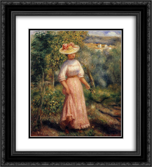 Young Woman in Red in the Fields 20x22 Black Ornate Wood Framed Art Print Poster with Double Matting by Renoir, Pierre Auguste