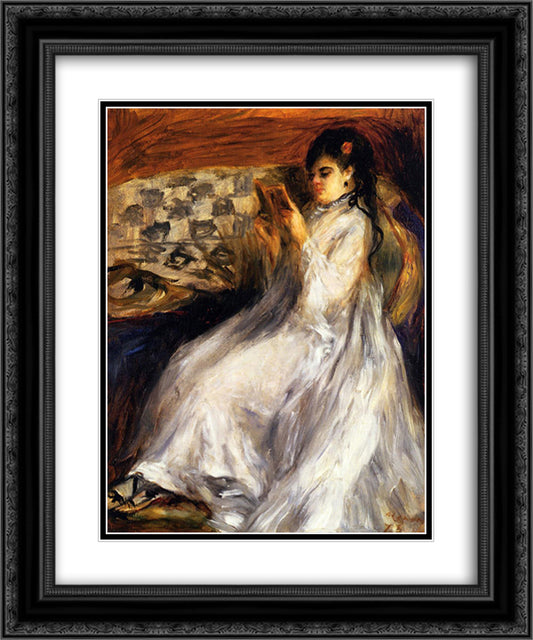 Young Woman in White Reading 20x24 Black Ornate Wood Framed Art Print Poster with Double Matting by Renoir, Pierre Auguste