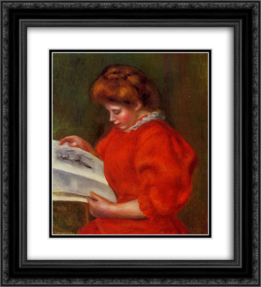 Young Woman Looking at a Print 20x22 Black Ornate Wood Framed Art Print Poster with Double Matting by Renoir, Pierre Auguste