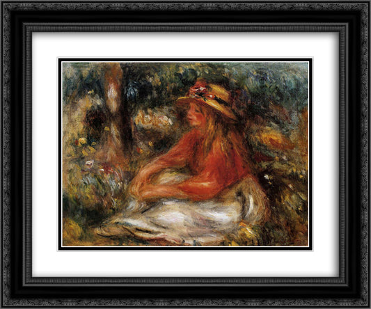 Young Woman Seated on the Grass 24x20 Black Ornate Wood Framed Art Print Poster with Double Matting by Renoir, Pierre Auguste