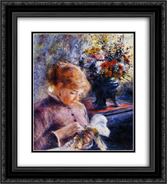 Young Woman Sewing 20x22 Black Ornate Wood Framed Art Print Poster with Double Matting by Renoir, Pierre Auguste