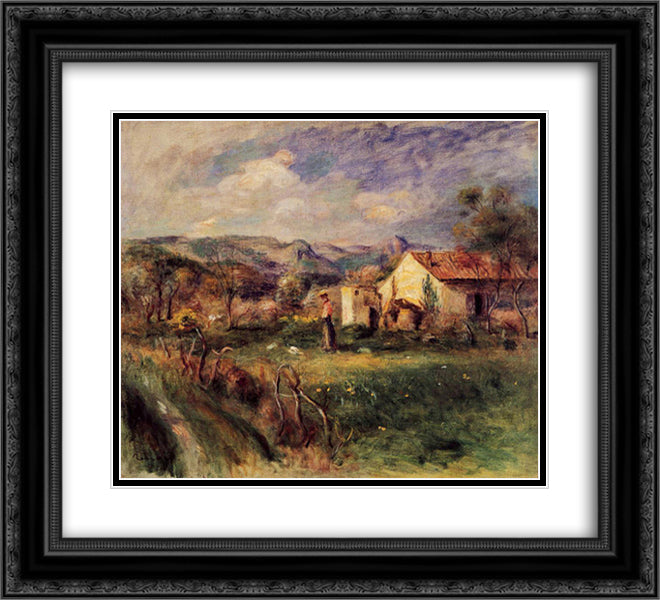 Young Woman Standing near a Farmhouse in Milly 22x20 Black Ornate Wood Framed Art Print Poster with Double Matting by Renoir, Pierre Auguste