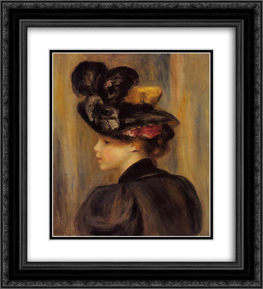 Young Woman Wearing a Black Hat 20x22 Black Ornate Wood Framed Art Print Poster with Double Matting by Renoir, Pierre Auguste