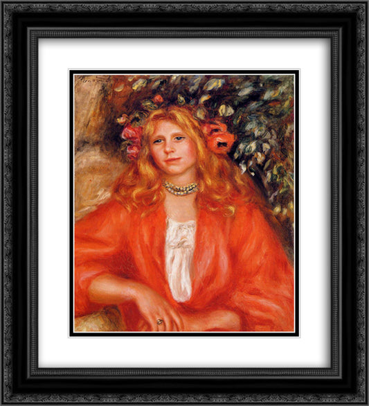 Young Woman Wearing a Garland of Flowers 20x22 Black Ornate Wood Framed Art Print Poster with Double Matting by Renoir, Pierre Auguste